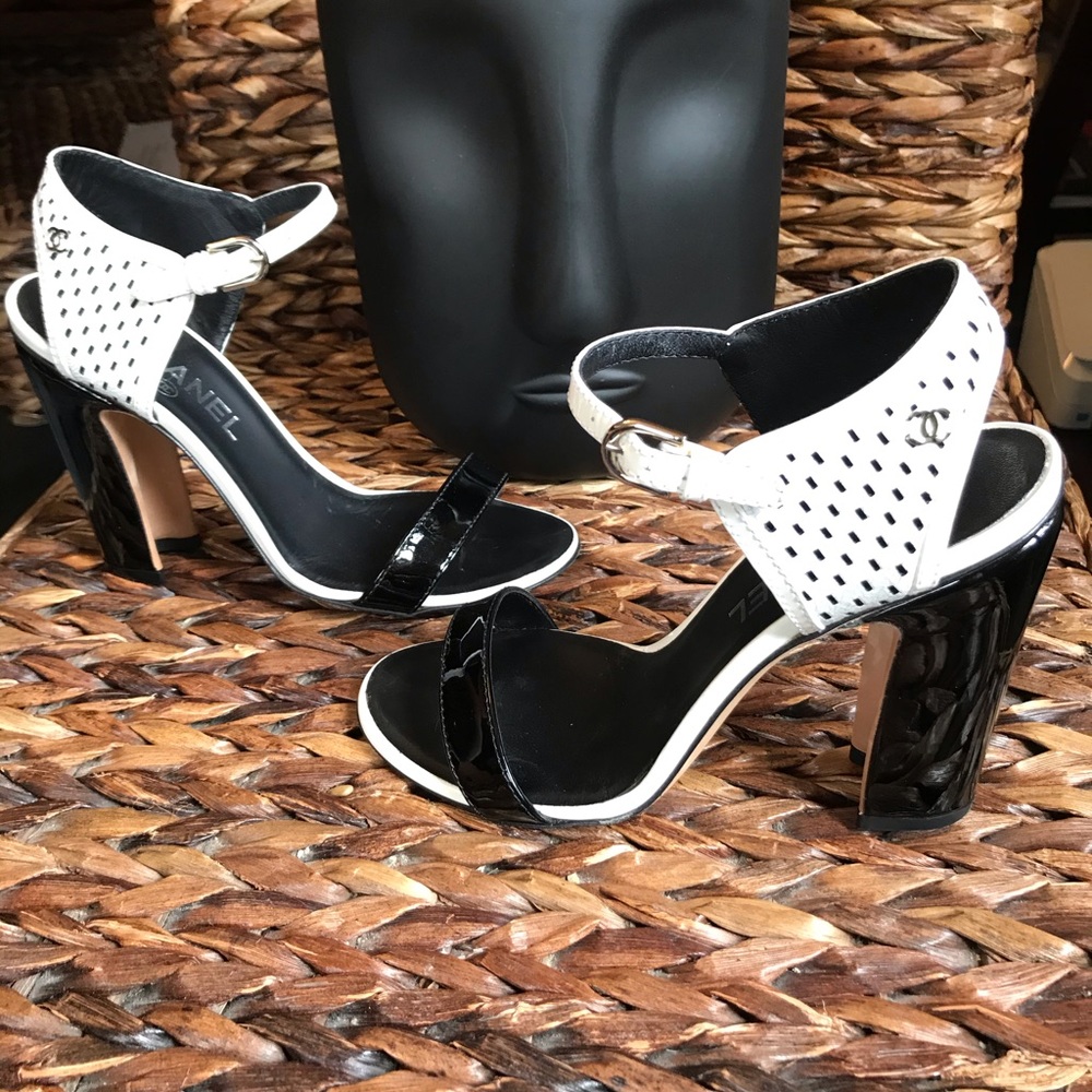 - CHANEL TWO TONE CRACKLED LEATHER SANDALS